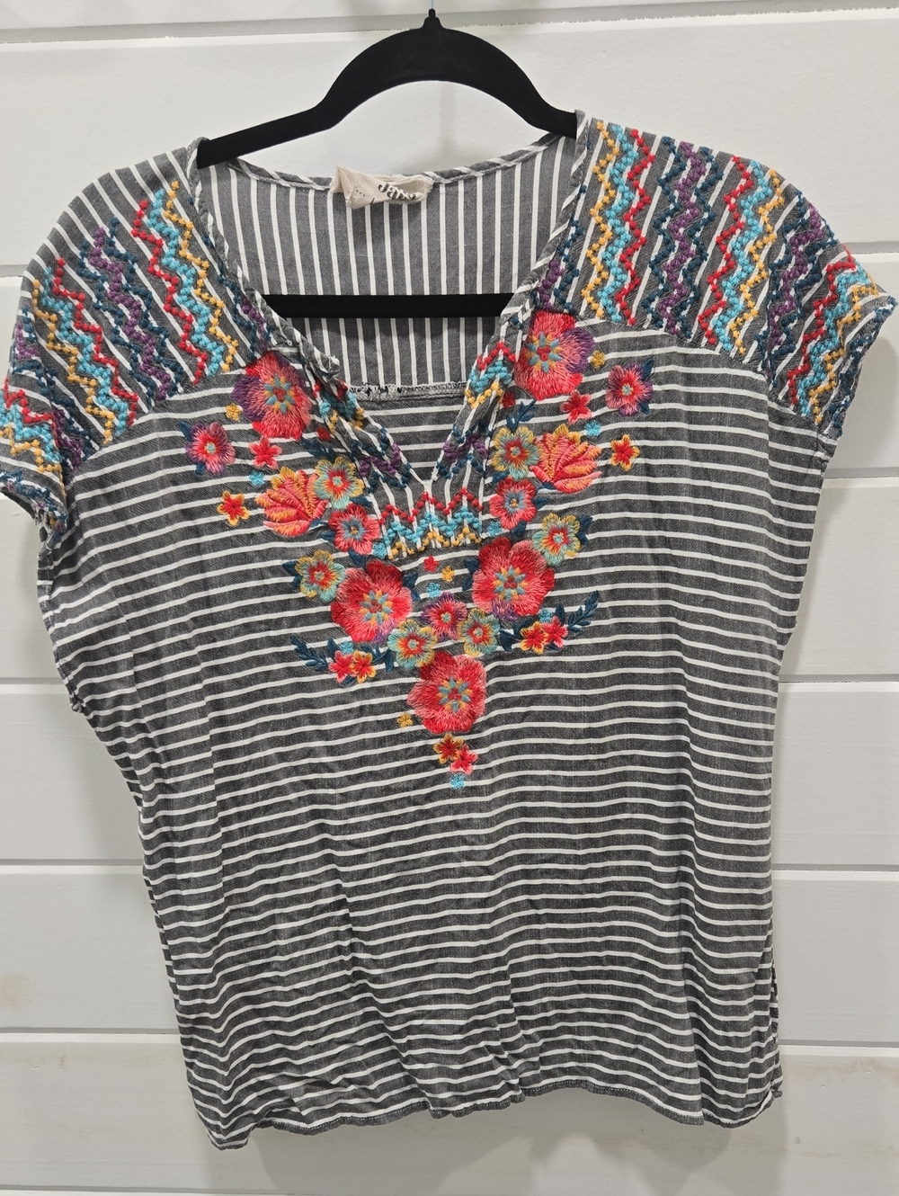 Gray Striped V-Neck Embroidered Floral Women's Top